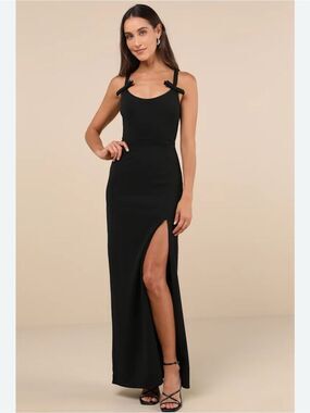 Lulu's Black Formal Gown Dress Low Back Bow Shoulder Straps Leg Slit Size S